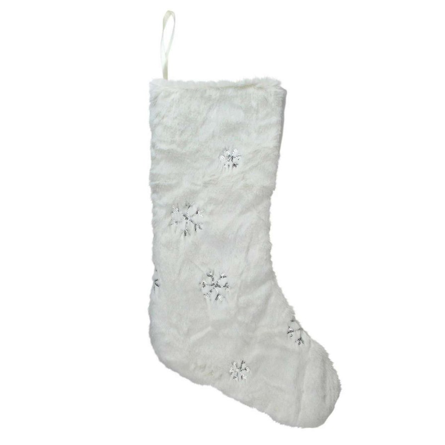 Stockings & Holders * | Northlight 18 White Faux Fur Christmas Stocking With Silver Sequined Snowflakes