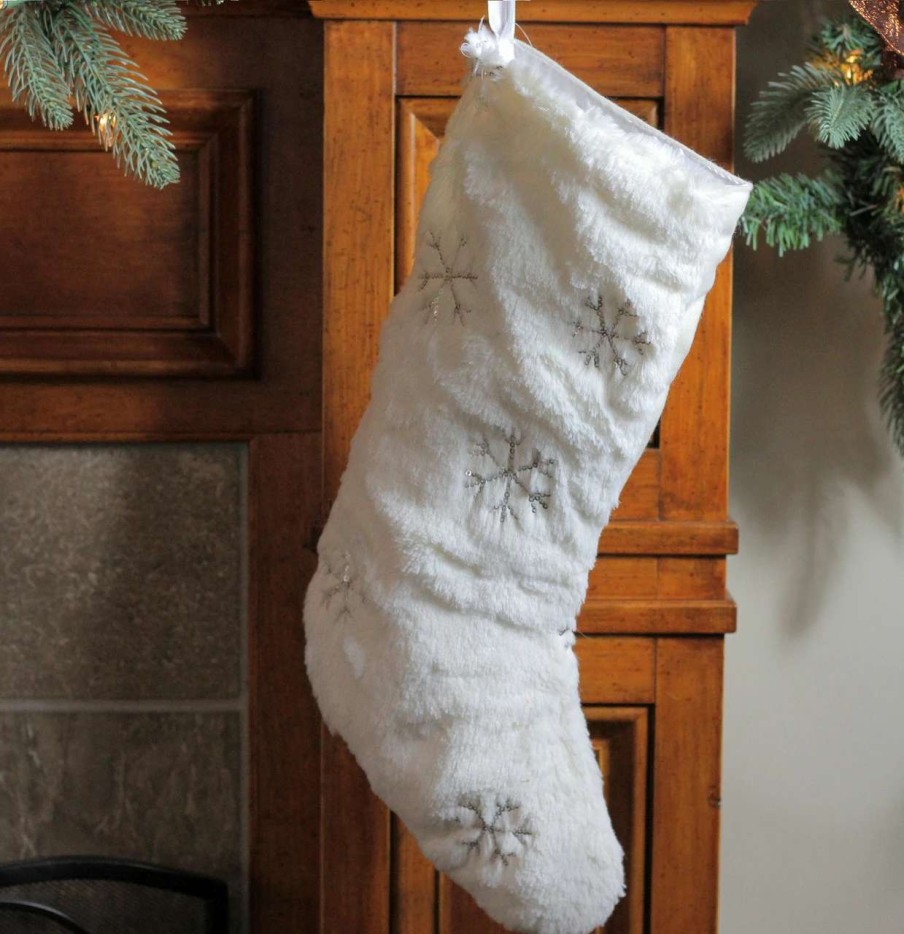 Stockings & Holders * | Northlight 18 White Faux Fur Christmas Stocking With Silver Sequined Snowflakes