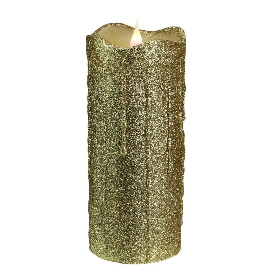 Candles & Lanterns * | Melrose 7 Battery Operated Gold Glittered Flameless Led Christmas Pillar Candle With Moving Flame