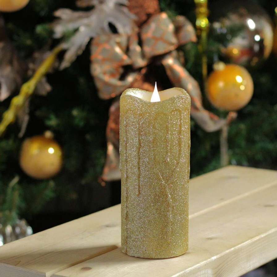 Candles & Lanterns * | Melrose 7 Battery Operated Gold Glittered Flameless Led Christmas Pillar Candle With Moving Flame