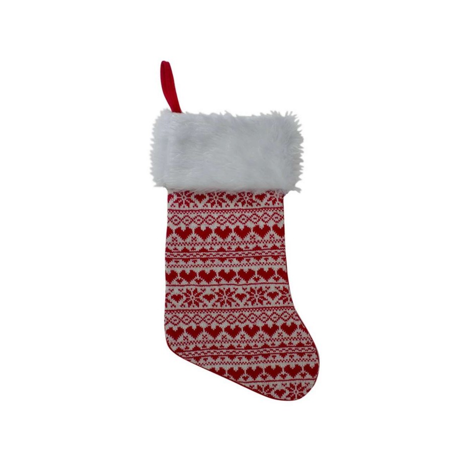 Stockings & Holders * | Northlight 19 Red And White Hearts With Snowflakes Knit Christmas Stocking Faux Fur Cuff