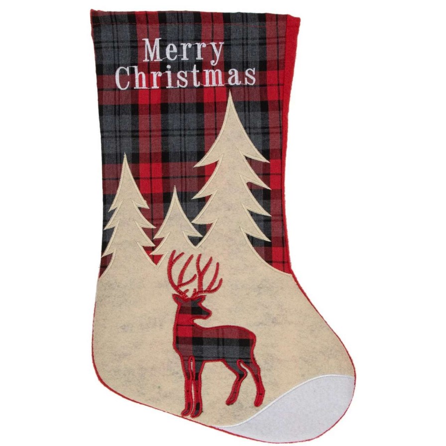 Stockings & Holders * | Northlight 19 Green And Red Plaid Reindeer With Forest Trees Christmas Stocking