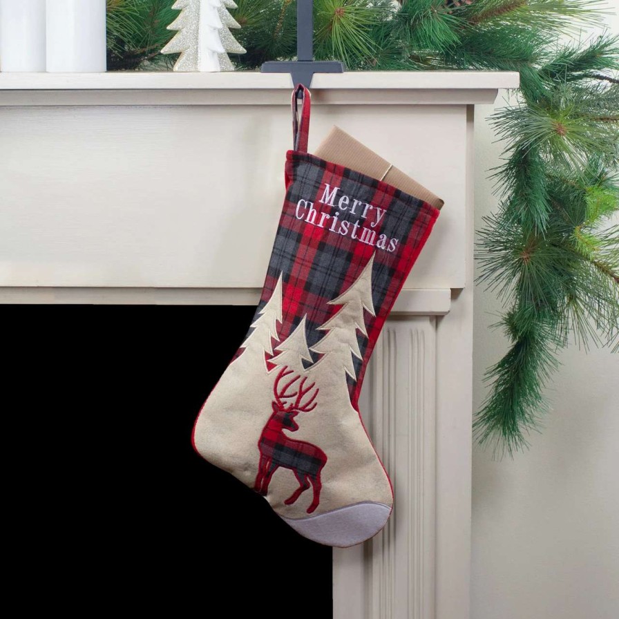 Stockings & Holders * | Northlight 19 Green And Red Plaid Reindeer With Forest Trees Christmas Stocking