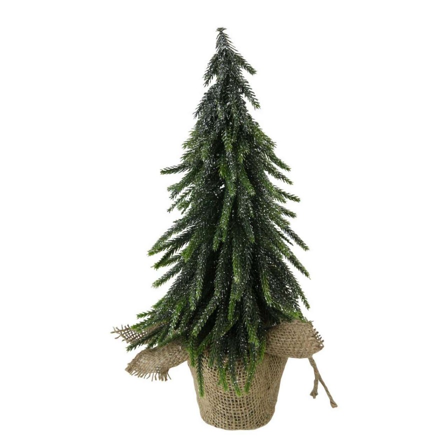 Christmas Table Top Trees * | Northlight 14 Green Glitter Weeping Mini Pine Christmas Tree In Burlap Covered Vase Unlit