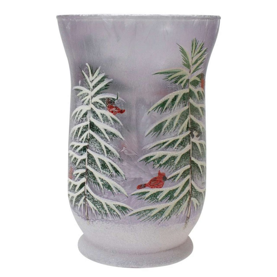 Candles & Lanterns * | Northlight 8 Hand-Painted Pine And Birds Flameless Glass Christmas Candle Holder