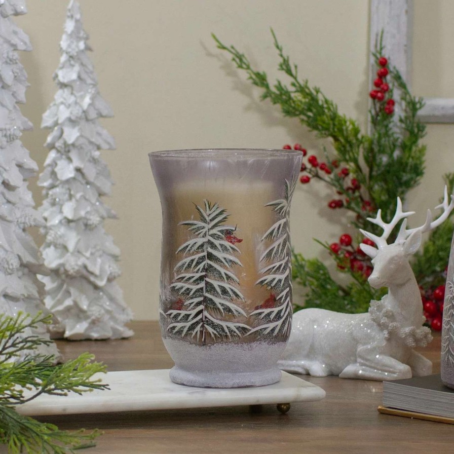 Candles & Lanterns * | Northlight 8 Hand-Painted Pine And Birds Flameless Glass Christmas Candle Holder