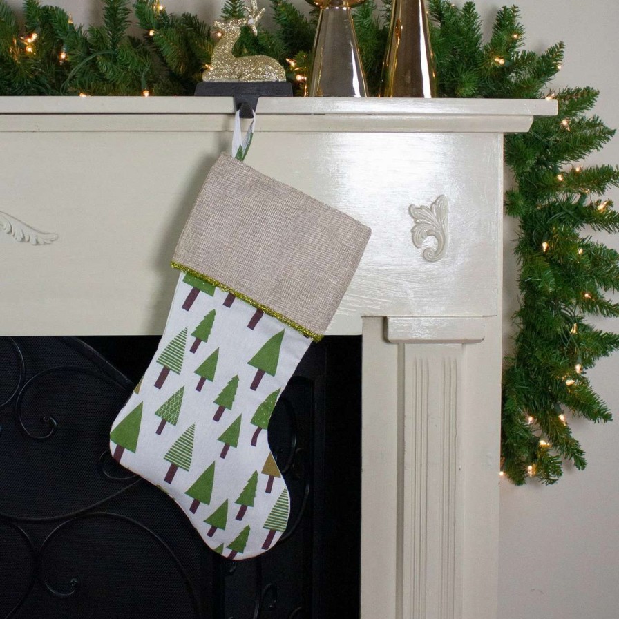 Stockings & Holders * | Northlight 18.5 Green And White Christmas Stocking With Flax Cuff