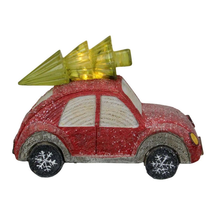 Christmas Table Top Trees * | Allstate 6 Red And Green Led Embellished With Glitter Retro Car With Tree On Top Decoration