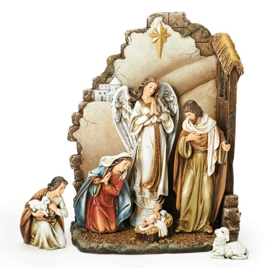 Nativity Sets & Accessories * | Roman 7-Piece Brown Joseph'S Studio Nativity With Back Wall Christmas Table Top Decoration 12