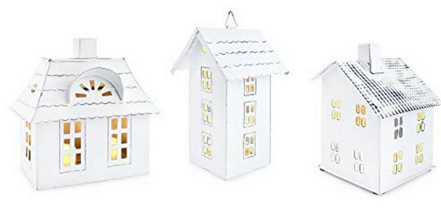 Christmas Village Sets & Accessories * | Auldhome Design Auldhome Farmhouse Decor Tin Houses (Set Of 3, White); Candle Lantern Decorative Holiday Christmas Village Display Or Votive Holder