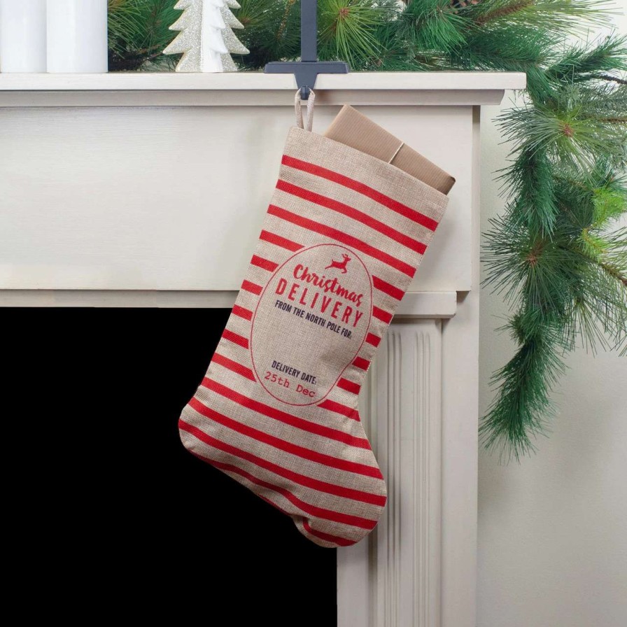 Stockings & Holders * | Northlight 19 Beige And Red Striped "Christmas Delivery" Stocking With Loop