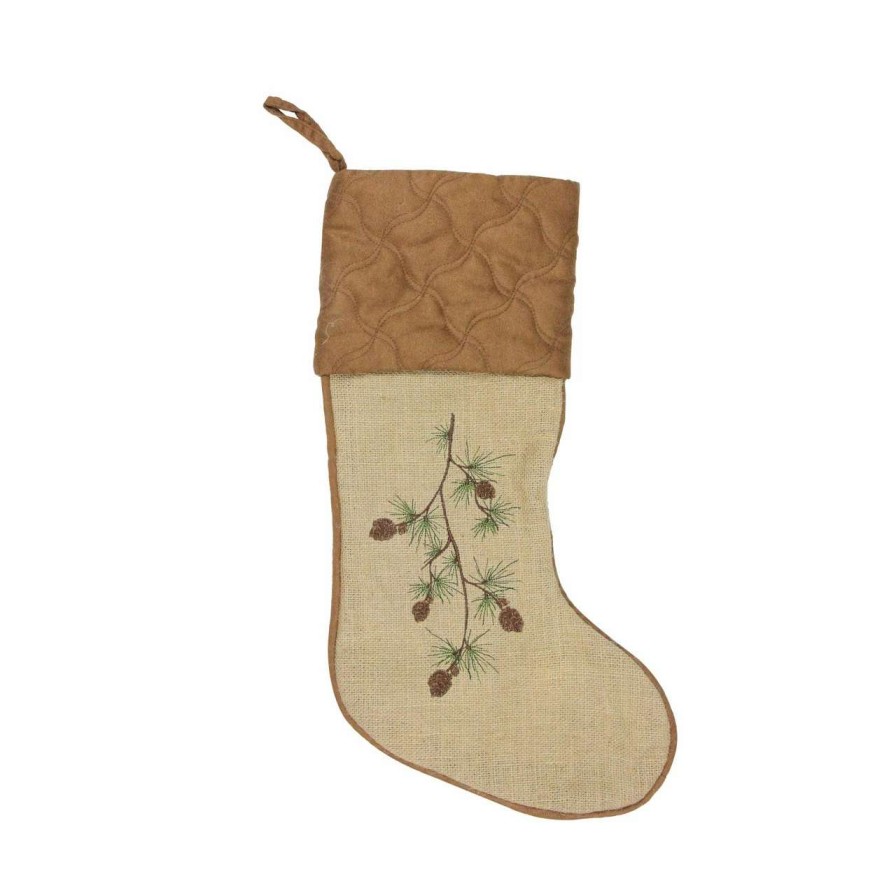 Stockings & Holders * | Allstate 22 Tan Brown Pine Cone Embroidered Christmas Stocking