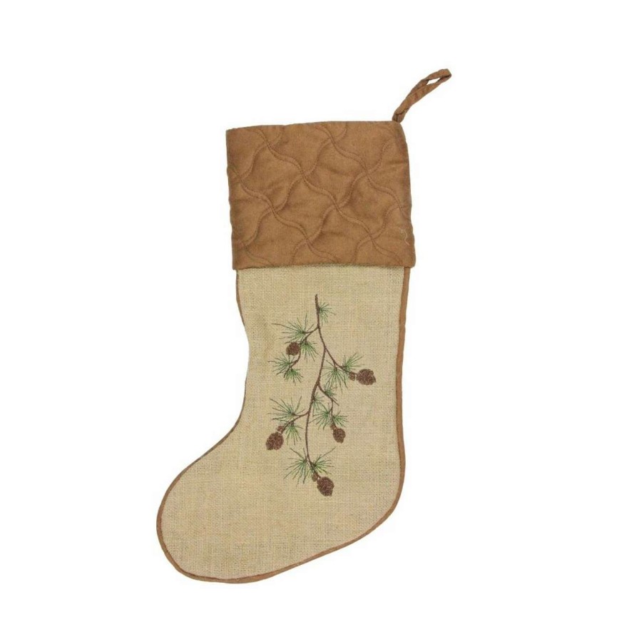 Stockings & Holders * | Allstate 22 Tan Brown Pine Cone Embroidered Christmas Stocking