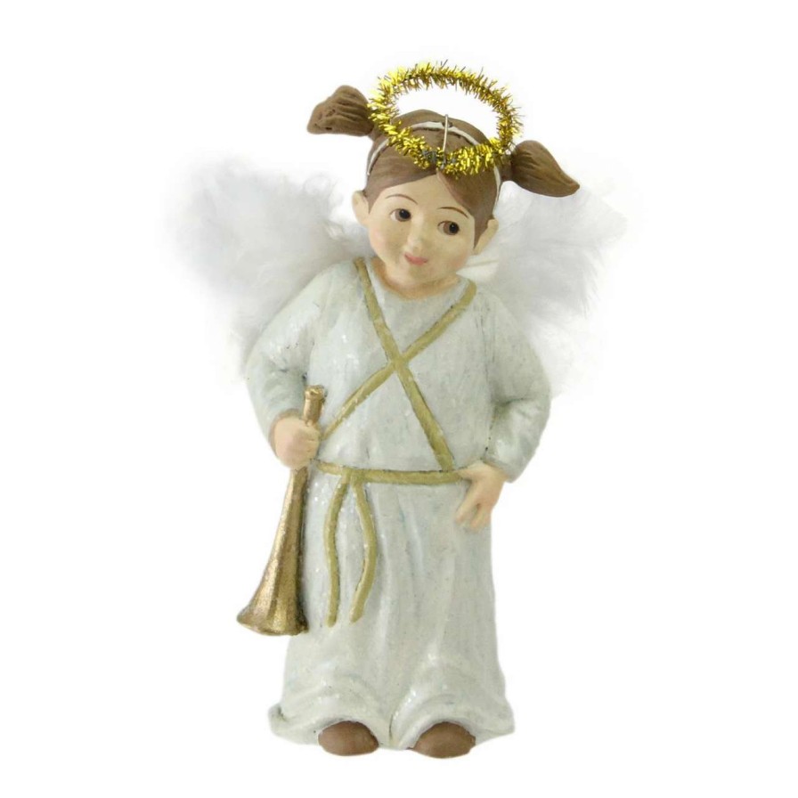 Figures * | Cc Home Furnishings 5.25 White Glittered Child Angel Holding A Golden Horn Christmas Figurine