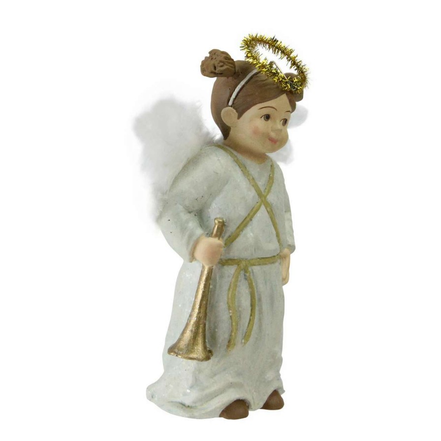 Figures * | Cc Home Furnishings 5.25 White Glittered Child Angel Holding A Golden Horn Christmas Figurine