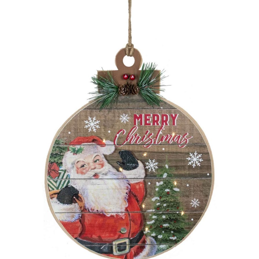 Christmas Village Sets & Accessories * | Northlight 15 B/O Lighted Ball Ornament With Santa Claus Wooden Christmas Wall Sign