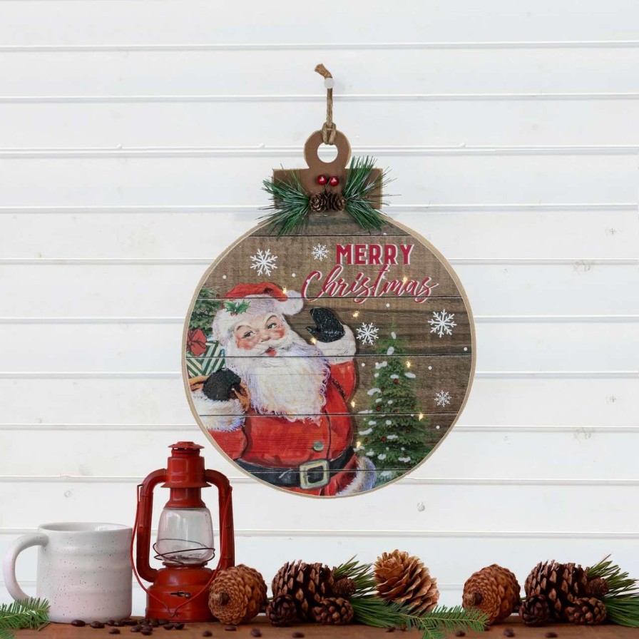 Christmas Village Sets & Accessories * | Northlight 15 B/O Lighted Ball Ornament With Santa Claus Wooden Christmas Wall Sign