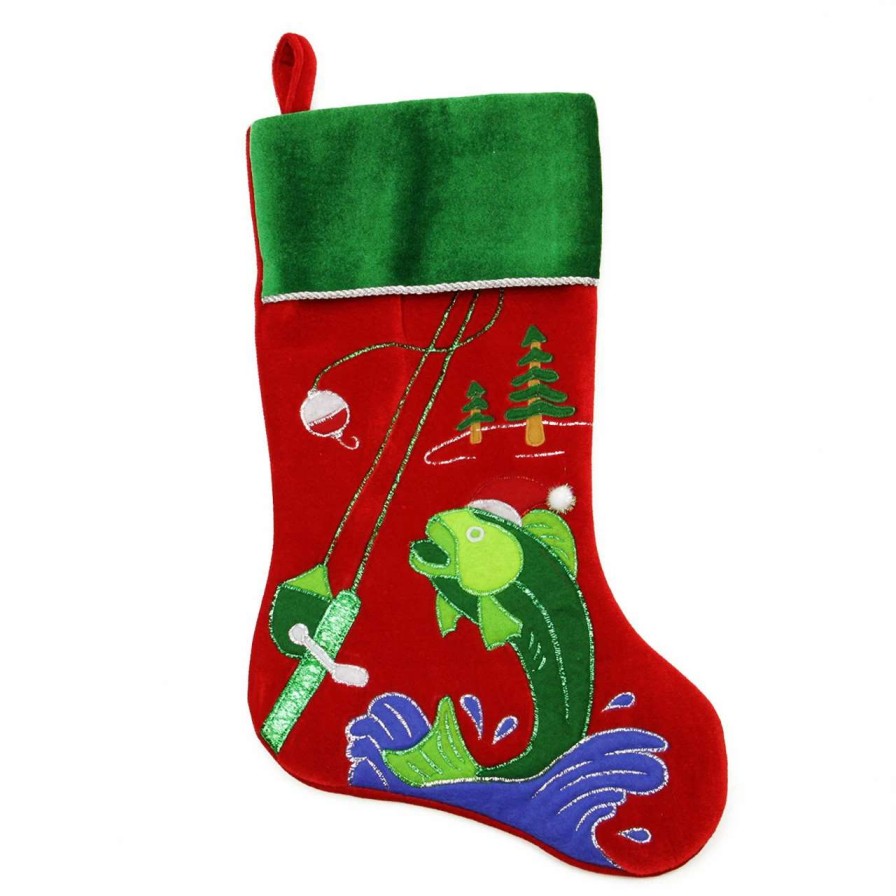 Stockings & Holders * | Northlight 19.5 Red Velveteen Fishing Themed Christmas Stocking With Green Cuff