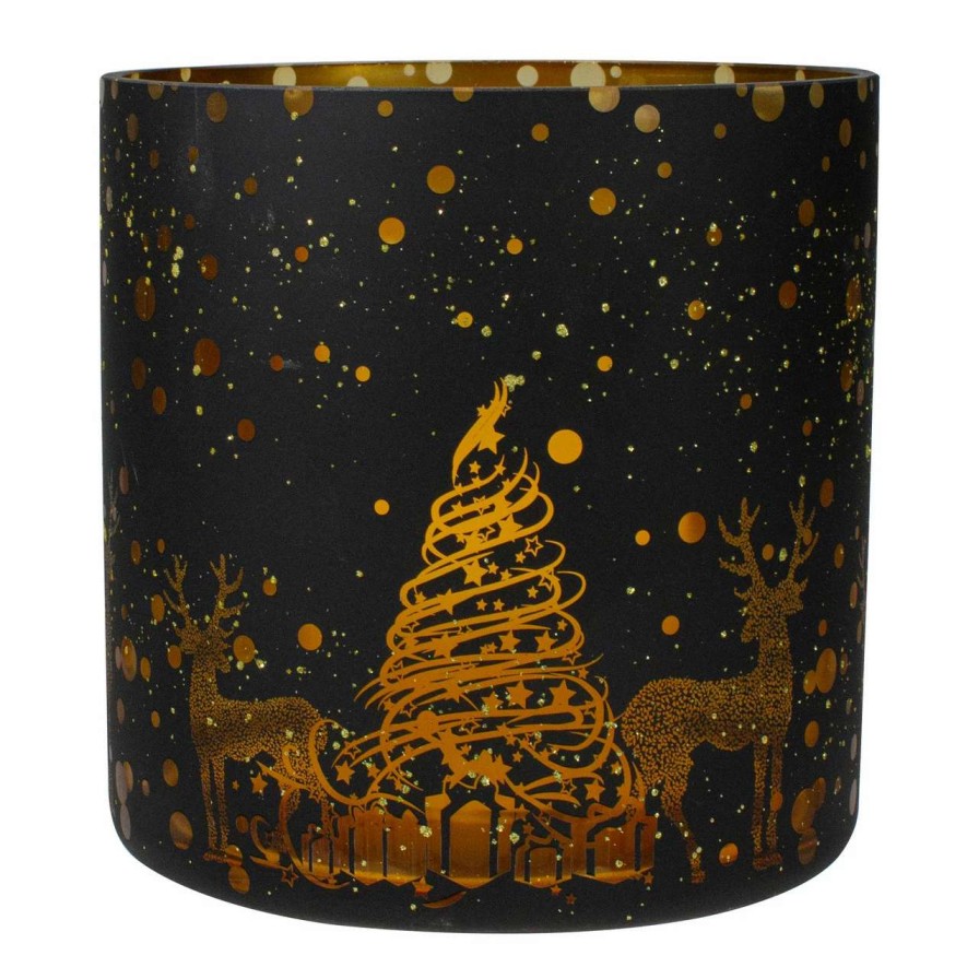 Candles & Lanterns * | Northlight 6 Black And Gold Deer And Pine Trees Flameless Glass Candle Holder