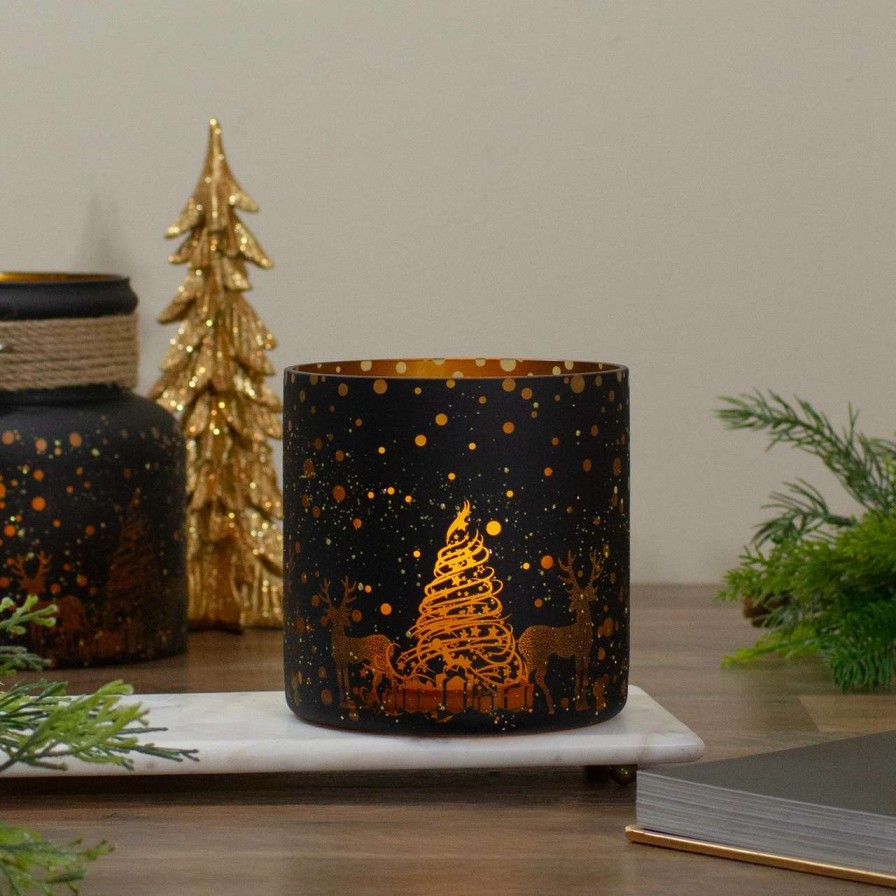 Candles & Lanterns * | Northlight 6 Black And Gold Deer And Pine Trees Flameless Glass Candle Holder