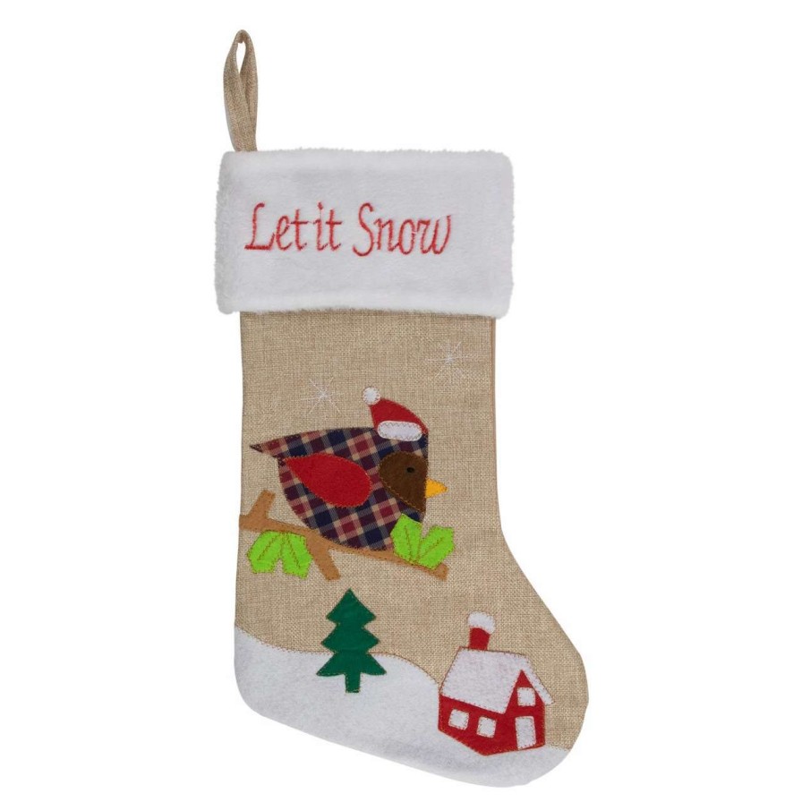 Stockings & Holders * | Northlight 19 Beige And Red Burlap "Let It Snow" Bird Christmas Stocking