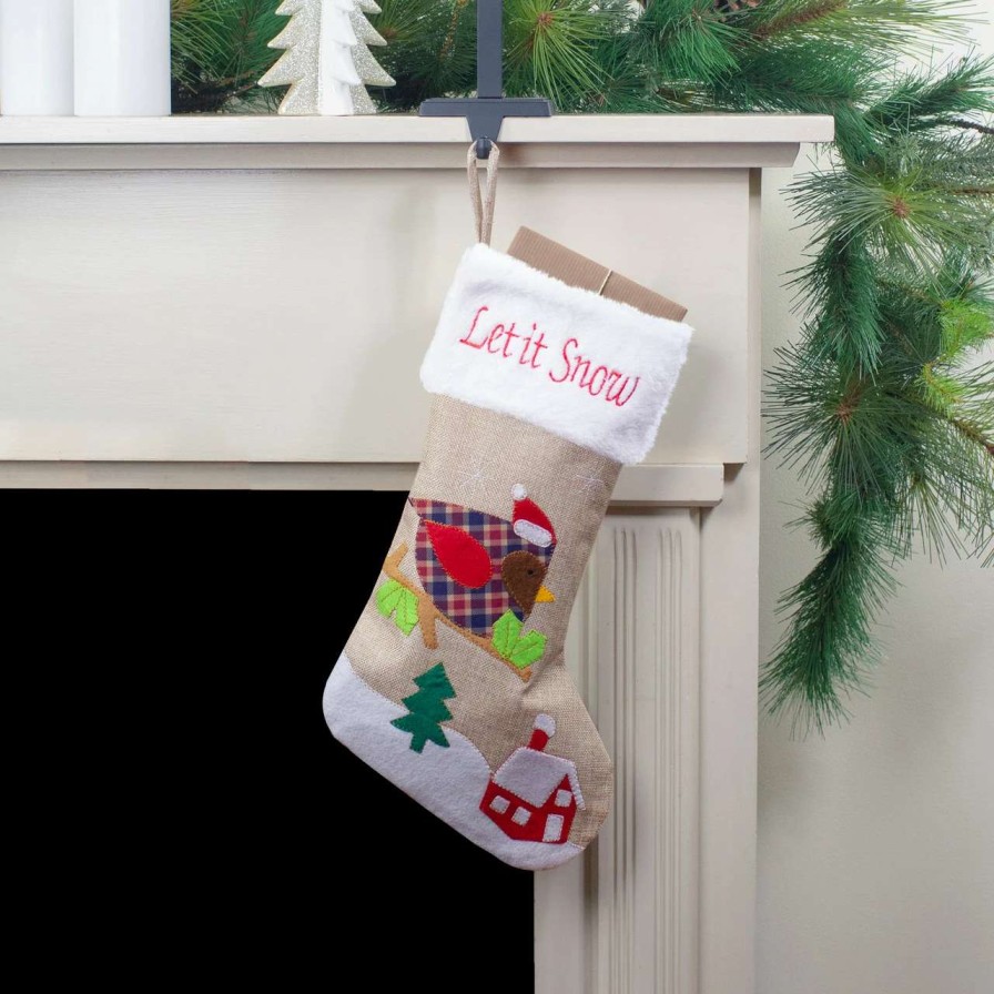 Stockings & Holders * | Northlight 19 Beige And Red Burlap "Let It Snow" Bird Christmas Stocking