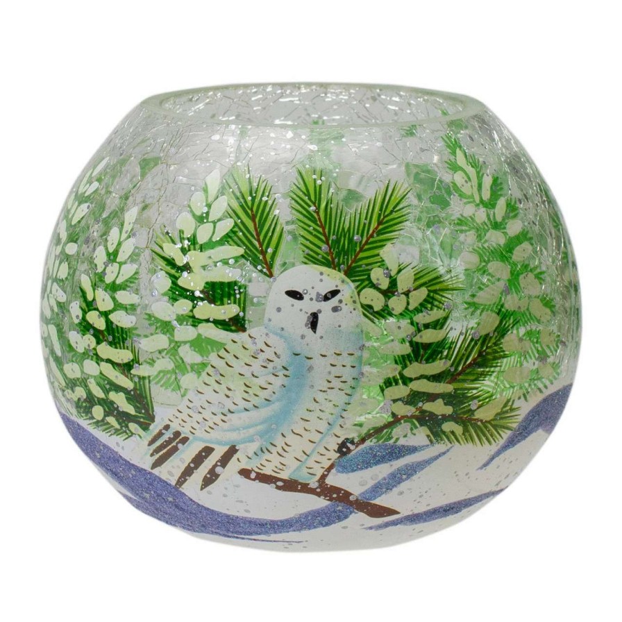 Candles & Lanterns * | Northlight 6 Hand Painted Owl And Pine Trees Glass Christmas Tea Light Candle Holder