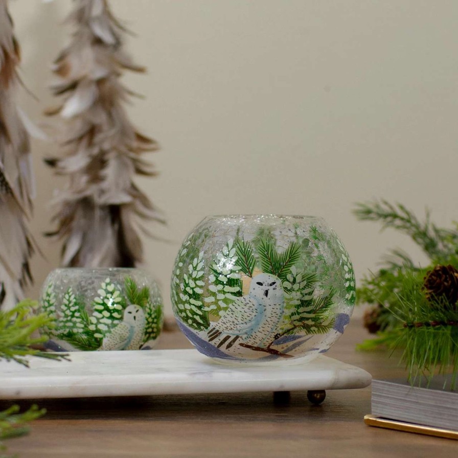 Candles & Lanterns * | Northlight 6 Hand Painted Owl And Pine Trees Glass Christmas Tea Light Candle Holder