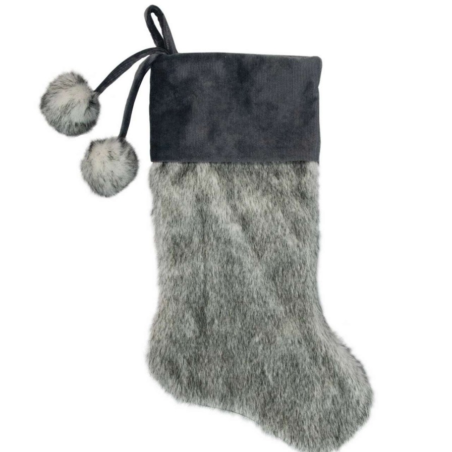 Stockings & Holders * | Northlight 20.5-Inch Gray Faux Fur Christmas Stocking With Corduroy Cuff And Pom Poms