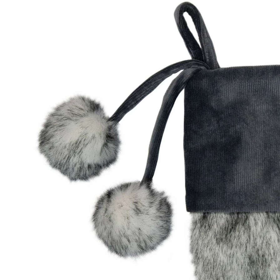 Stockings & Holders * | Northlight 20.5-Inch Gray Faux Fur Christmas Stocking With Corduroy Cuff And Pom Poms