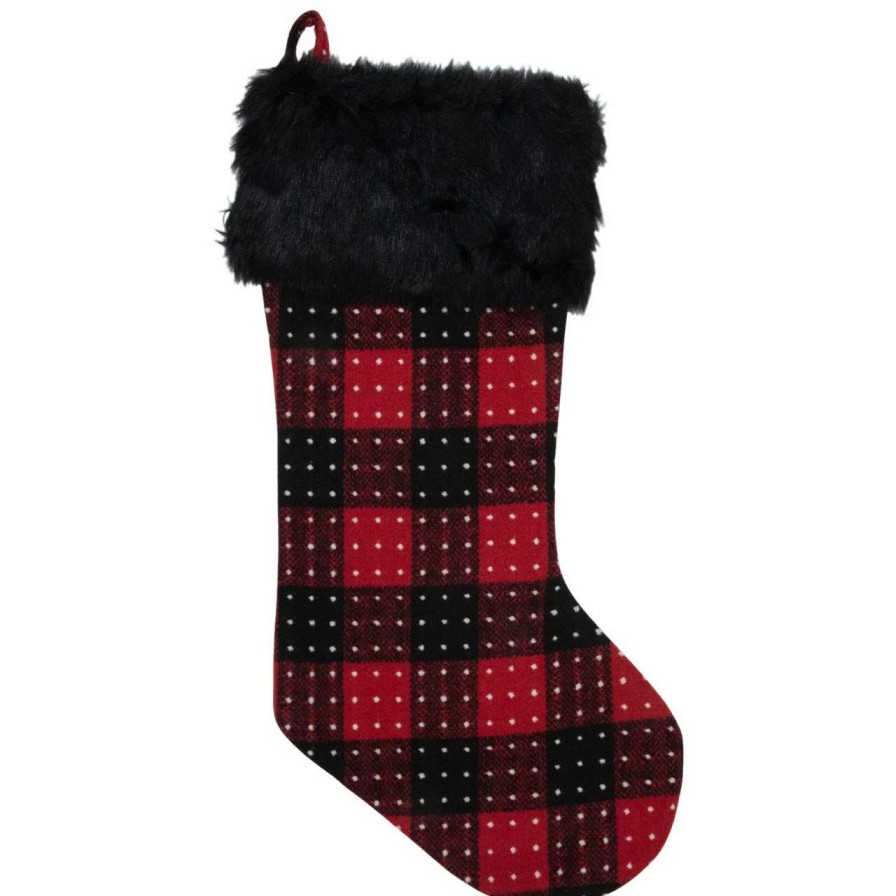 Stockings & Holders * | Northlight 21.5 Red And Black Plaid With Dots And Faux Fur Cuff Christmas Stocking