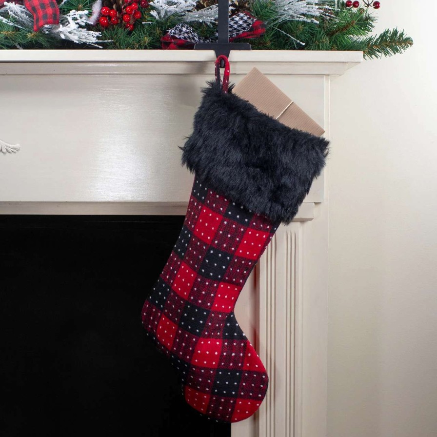 Stockings & Holders * | Northlight 21.5 Red And Black Plaid With Dots And Faux Fur Cuff Christmas Stocking