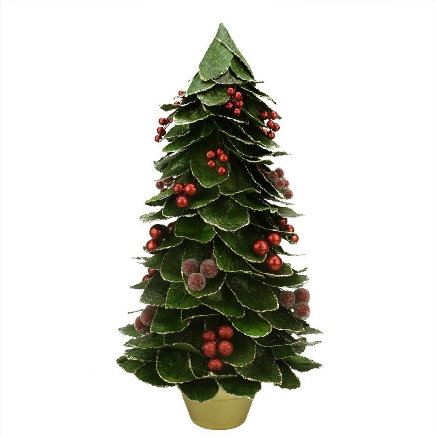 Christmas Table Top Trees * | Gallerie Ii 18 Green And Red Holly Berry Glittered Leaf Potted Christmas Tree Tabletop Decor