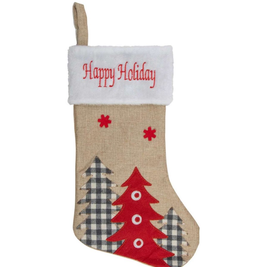 Stockings & Holders * | Northlight 19 Beige And Red Burlap "Happy Holidays" Forest Trees Christmas Stocking