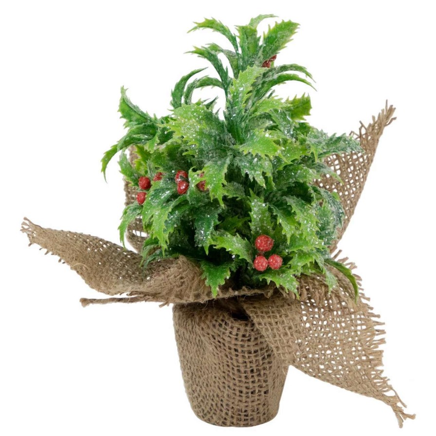 Christmas Table Top Trees * | Northlight 8 Iced Artificial Christmas Holly Berry Plant In Burlap Base