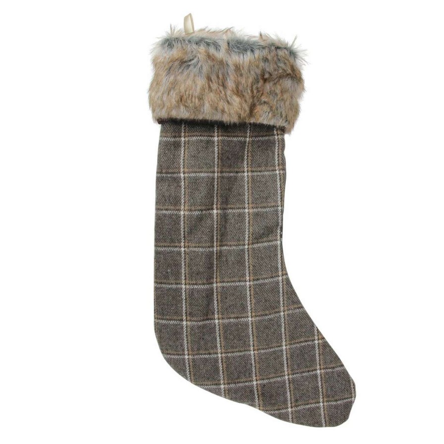 Stockings & Holders * | Northlight 17.5 Gray And Brown Plaid Christmas Stocking With Cuff