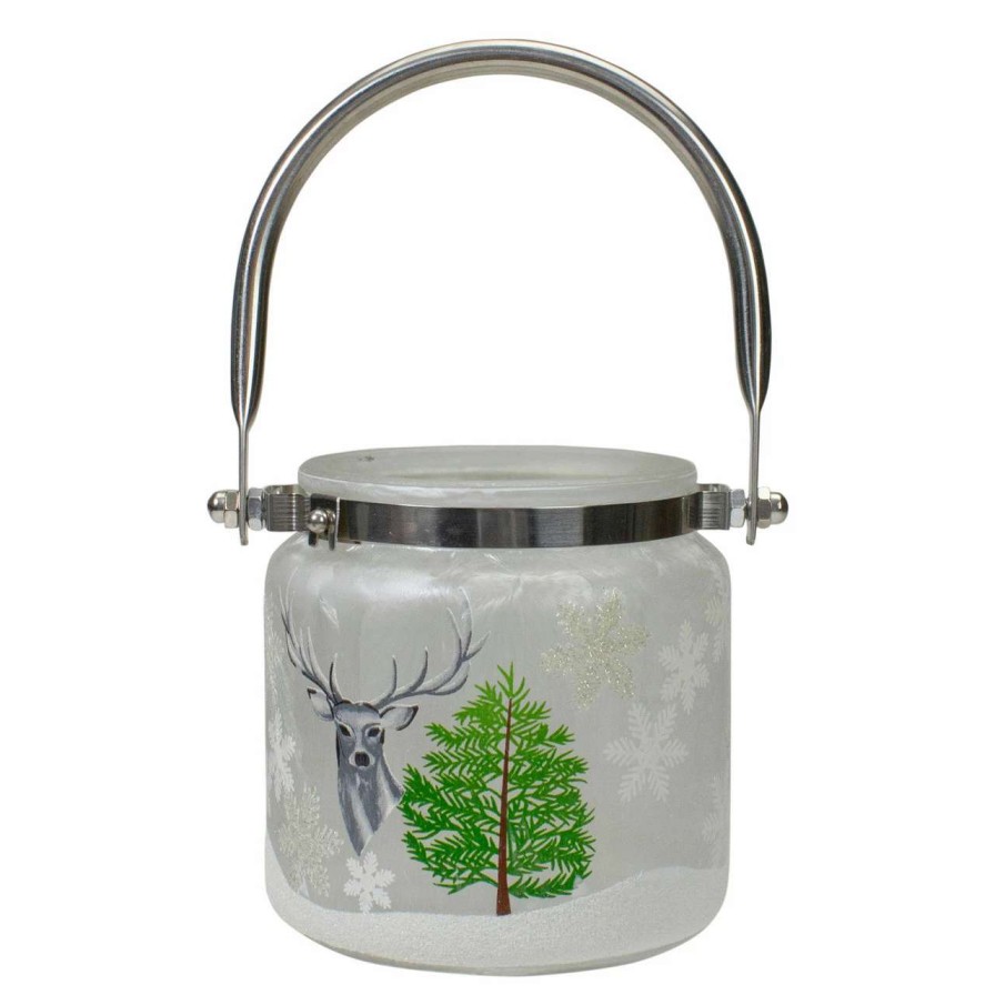 Candles & Lanterns * | Northlight 4 Deer, Pine And Snowflakes Hand Painted Flameless Glass Candle Lantern