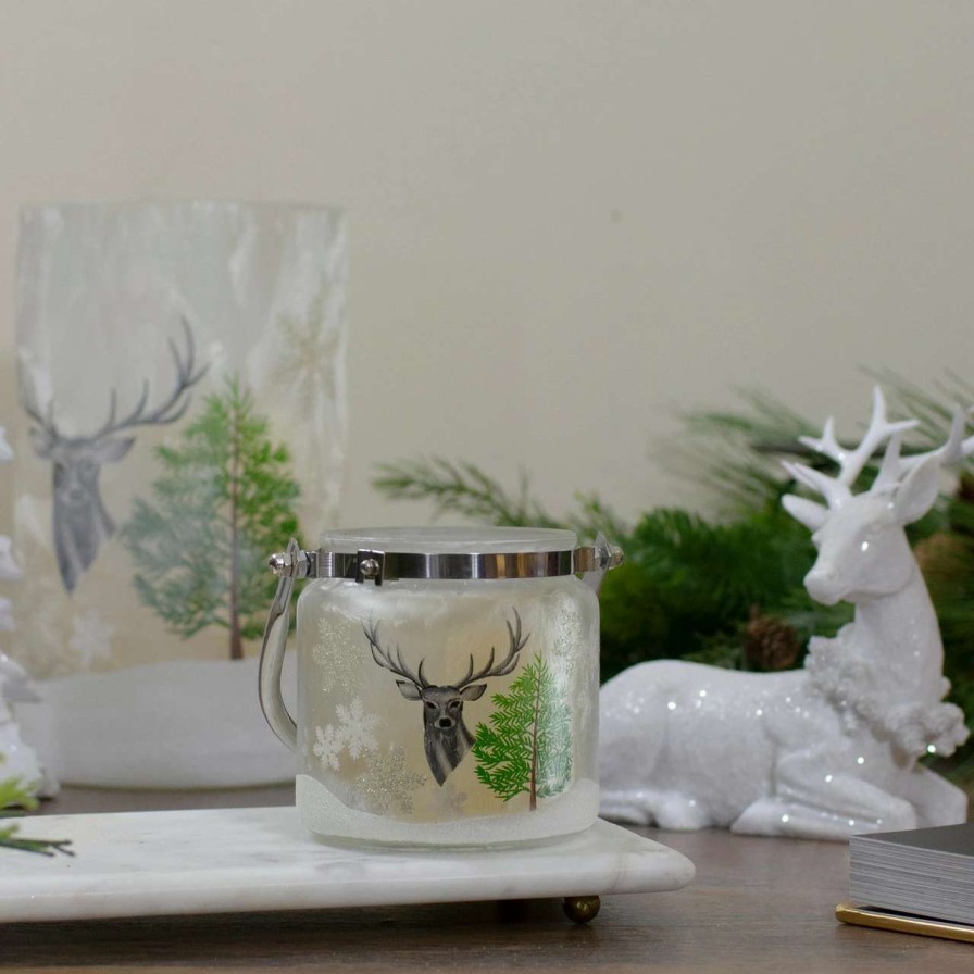 Candles & Lanterns * | Northlight 4 Deer, Pine And Snowflakes Hand Painted Flameless Glass Candle Lantern