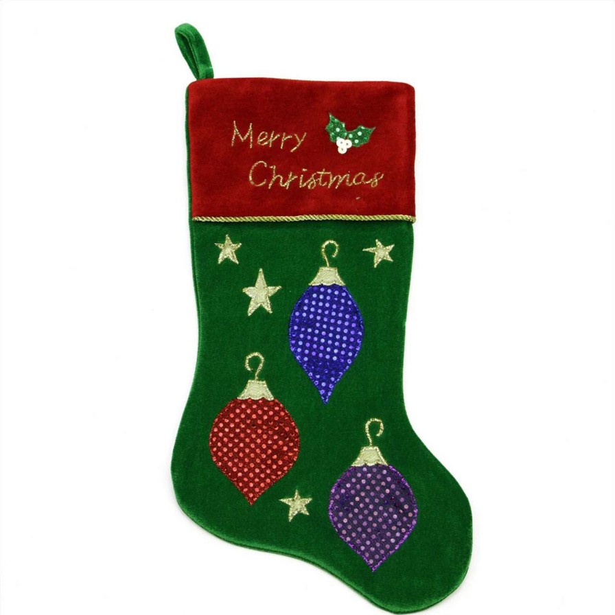 Stockings & Holders * | Northlight 20 Green And Red Embroidered Ornament Christmas Stocking With Cuff