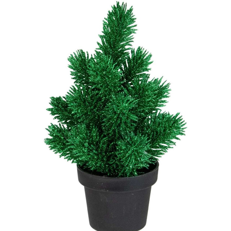 Christmas Table Top Trees * | Northlight 8.5In Green Potted Glittered Artificial Pine Christmas Tree Unlit