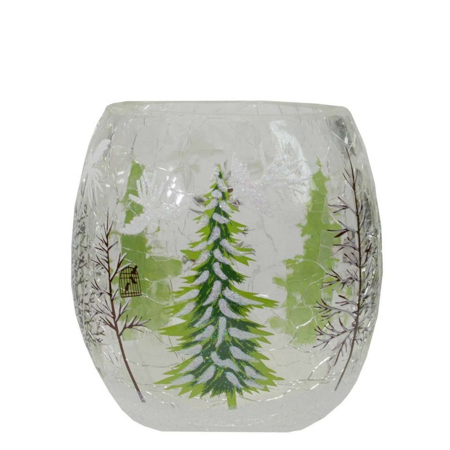 Candles & Lanterns * | Northlight 3 Hand Painted Christmas Pine Trees Flameless Glass Christmas Candle Holder