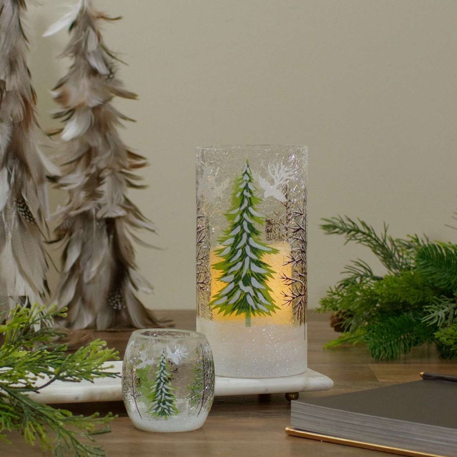 Candles & Lanterns * | Northlight 3 Hand Painted Christmas Pine Trees Flameless Glass Christmas Candle Holder