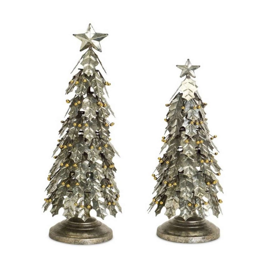 Christmas Table Top Trees * | Melrose Set Of 2 Distressed Finish Holly Leaf Artificial Christmas Tabletop Trees 3