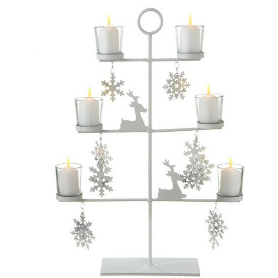 Candles & Lanterns * | Midwest 20.5 White Reindeer And Snowflakes Votive Candle Holder Tabletop Tree