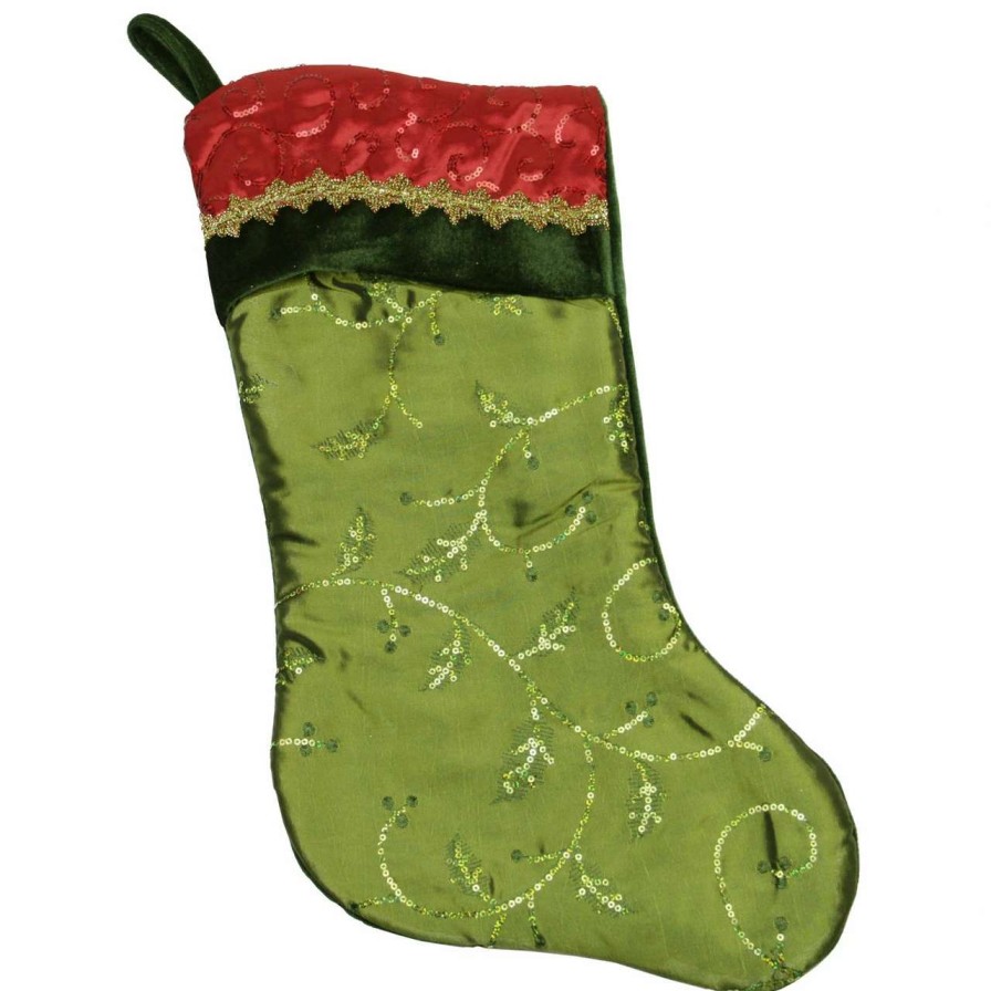 Stockings & Holders * | Northlight 20 Red And Green Leaf With Wavy Sequined Cuff Christmas Stocking