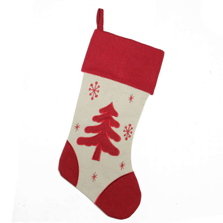 Stockings & Holders * | Northlight 18 Red And Ivory Tree With Snowflakes Christmas Stocking