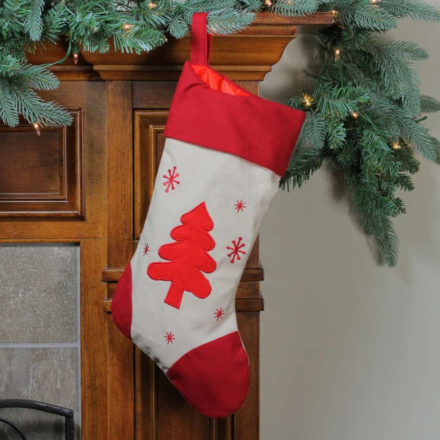 Stockings & Holders * | Northlight 18 Red And Ivory Tree With Snowflakes Christmas Stocking