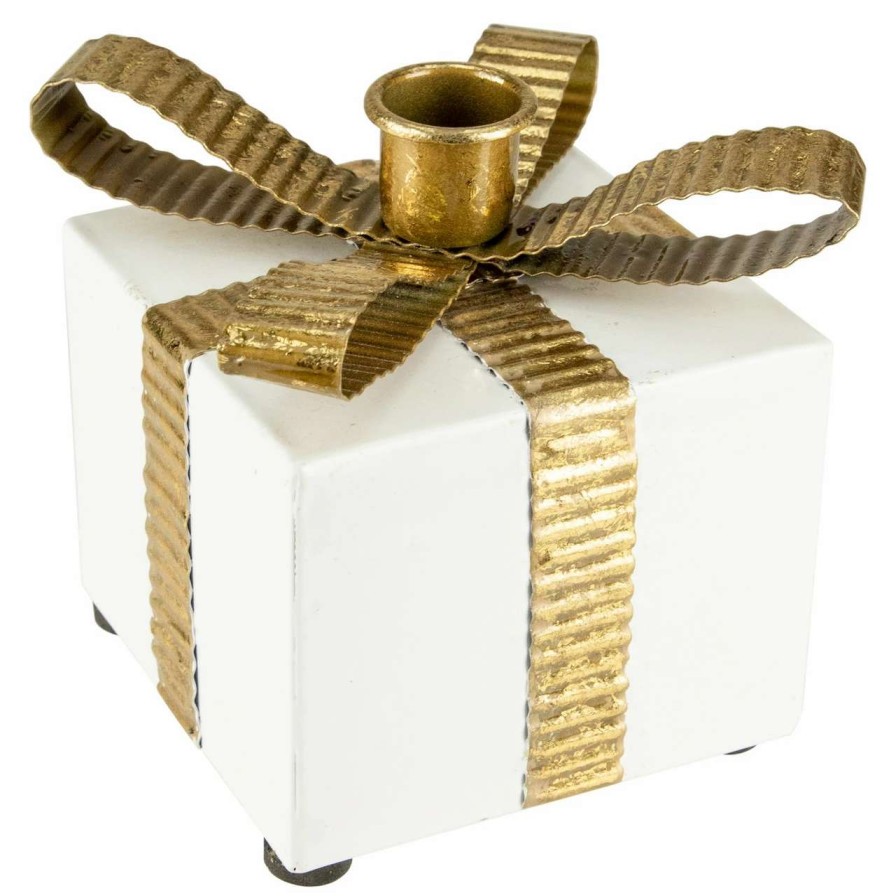 Candles & Lanterns * | Northlight 4.5 White Metal Gift Box Christmas Taper Candle Holder