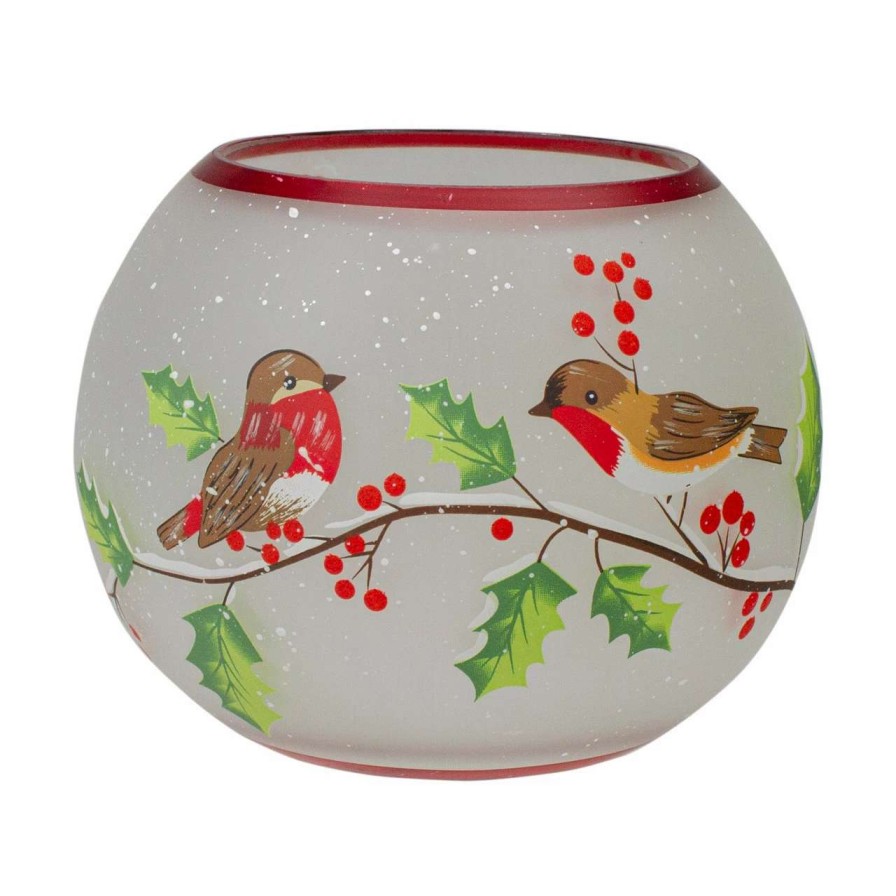 Candles & Lanterns * | Northlight 5-Inch Hand Painted Finches And Pine Flameless Glass Candle Holder