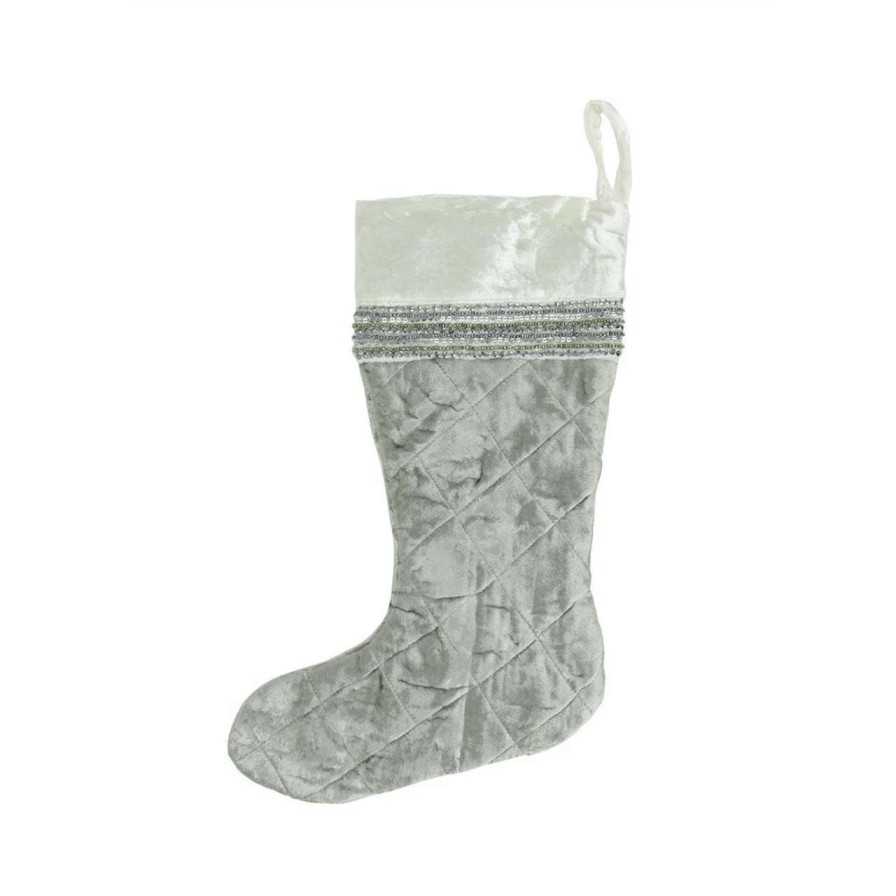 Stockings & Holders * | Cc Christmas Decor 17 Gray And White Quilted Embellished Christmas Stocking